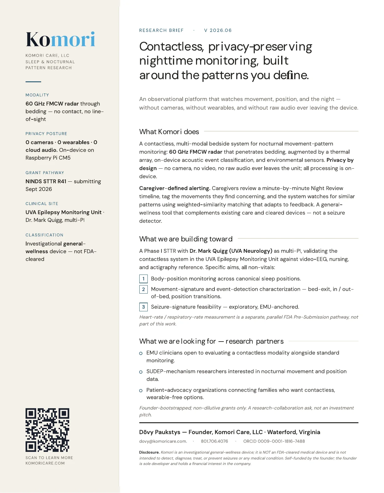 Komori research brief — contactless, privacy-preserving nighttime monitoring built around the patterns you define